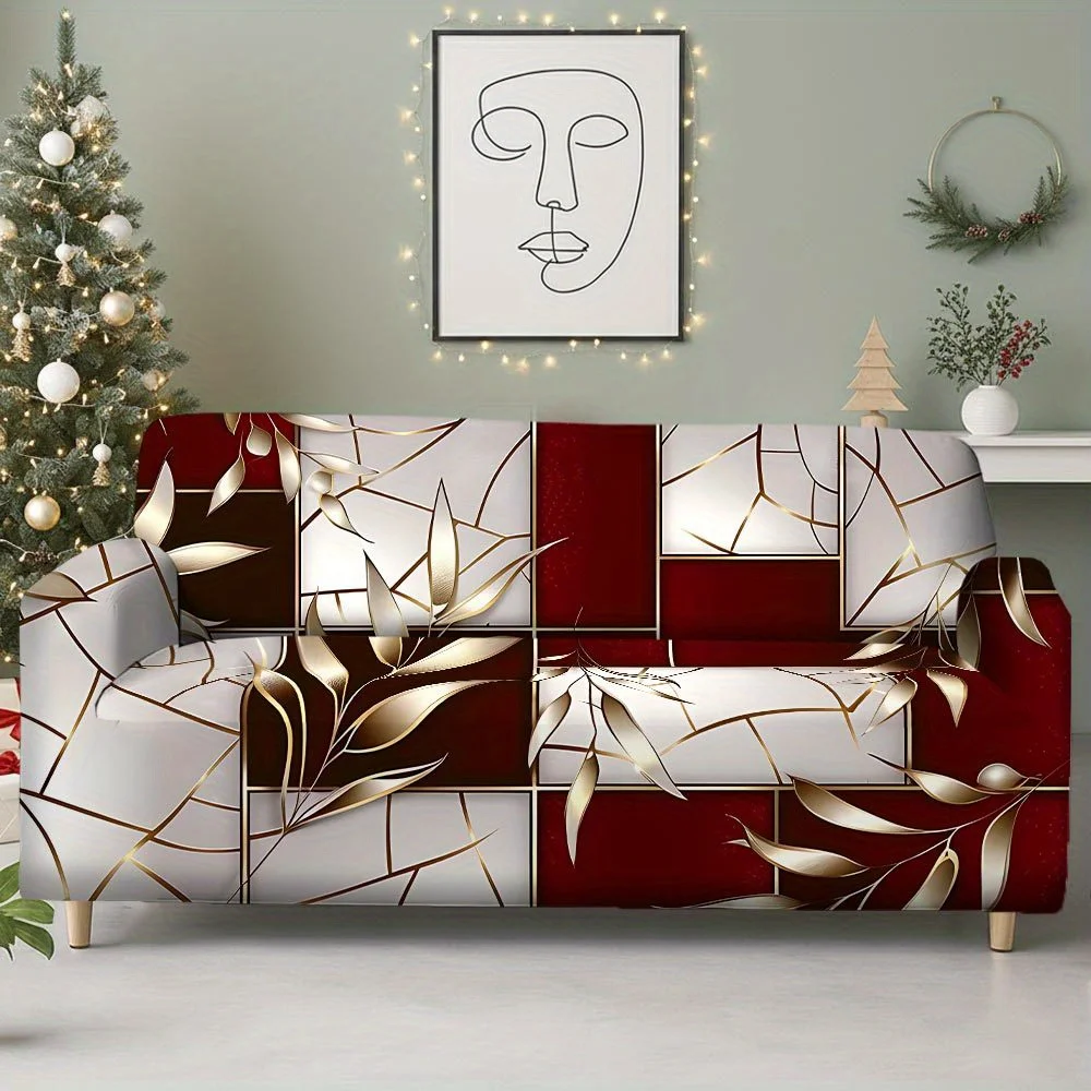 1pc Modern Red & Gold Marble Leaf Sofa Slipcover, Decorative Couch Cover for Home Decor