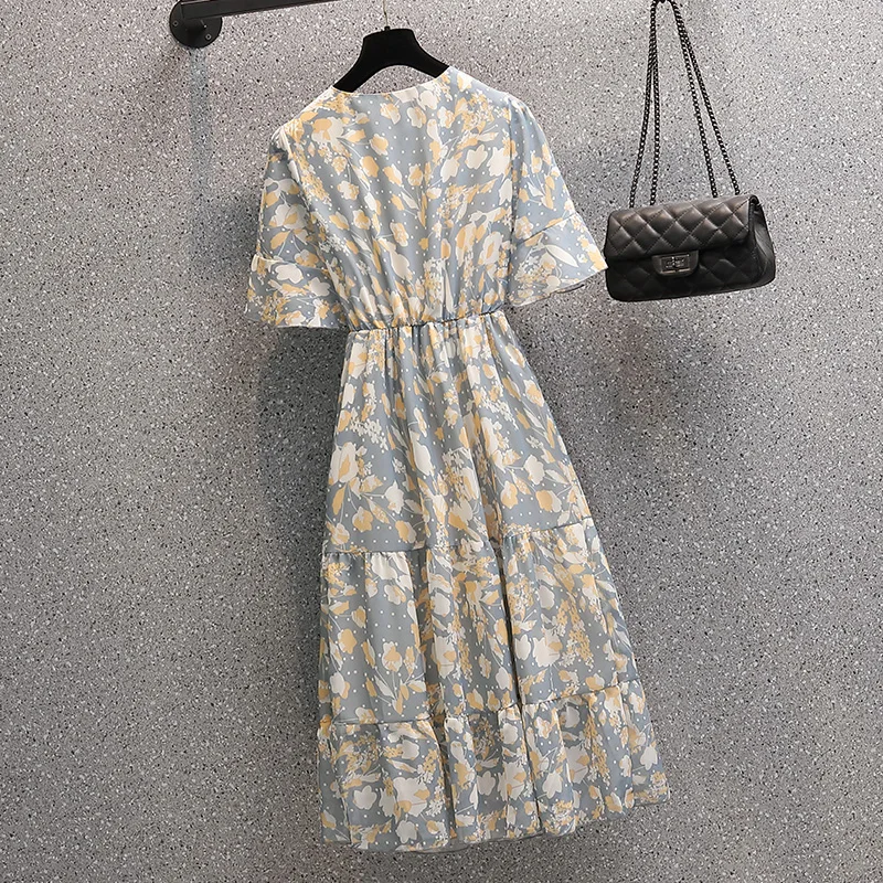 2024 Nieuwe Bloemen Chiffon V-Hals Ruches Midi Jurk Vrouwen Boho Light Casaul Strandjurk Zomer Koreaanse Elegante Bodycon Nachtjurk