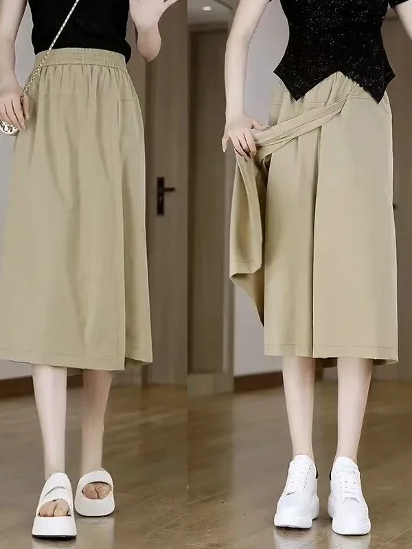 New Chinese Sle Wide Leg Pants Women's Small Size Summer Thin ular Skirt Pants High Waist Loose Casual Seven-Five Middle...