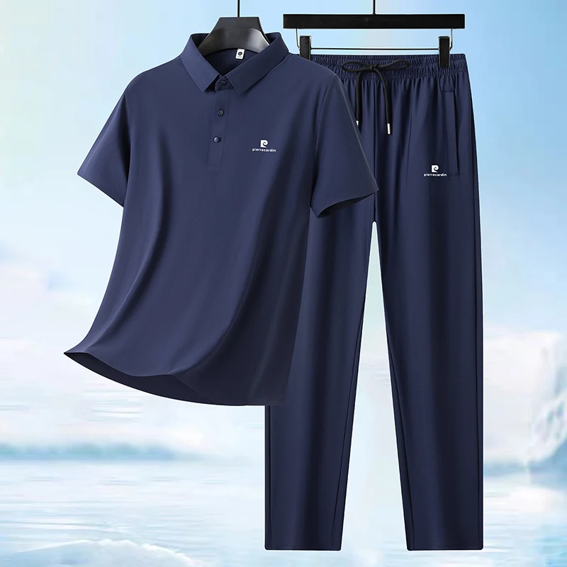 

2026Luxury for Men's Summer New Ice Silk Casual Sports Suit Cool Seamless Short-sleeved POLO T-Shirts and Trousers Two-piece Set