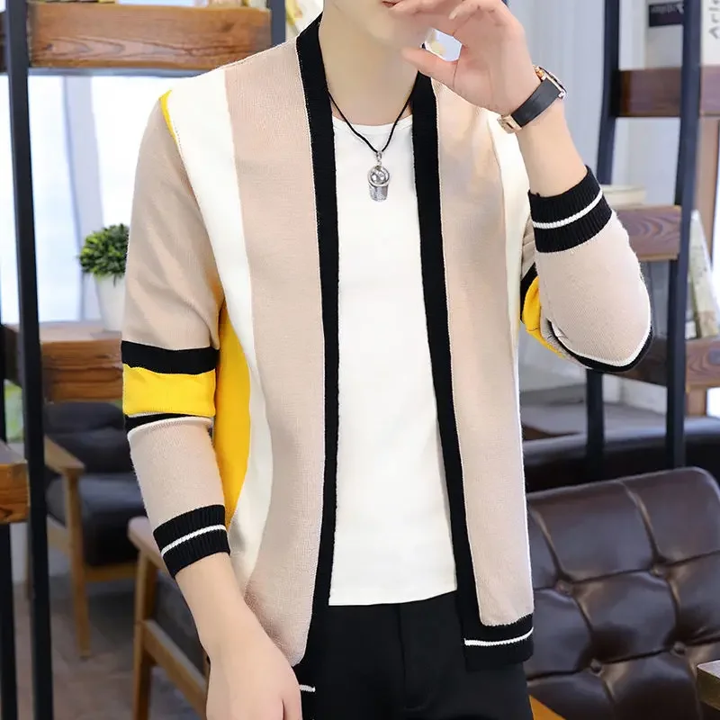 Cárdigan a rayas para hombre, abrigo de lana juvenil, cárdigan de invierno de talla grande, suéter de punto superior de moda coreana, primavera y
