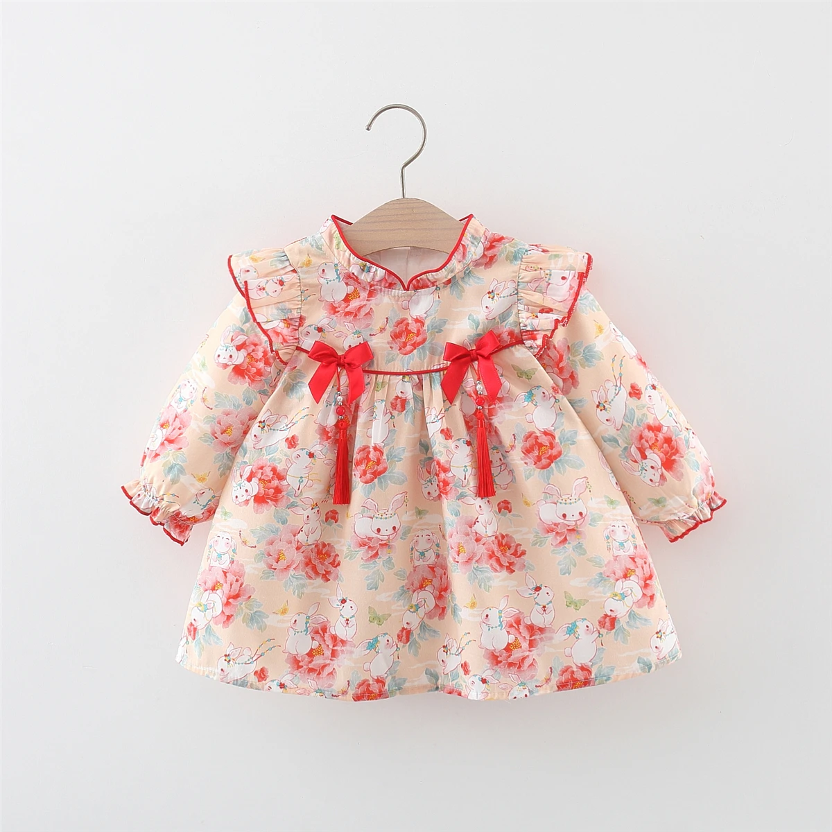 여아용 작은 플라잉 칼라 토끼 프린트 원피스 핑크, 중국 스타일, 활 L 원피스, 어린이 공주 원피스, 용수철 및 겨울 신상