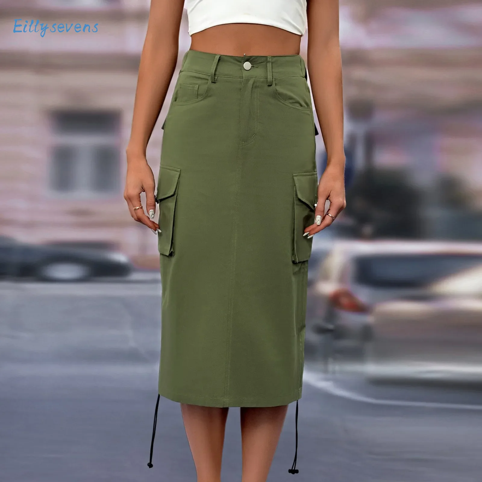 Women'S Workwear Half Skirts Fashion Trend Solid High Waist Button Casual Multi-Pocket Skirts Straight Fitting Street Skirts