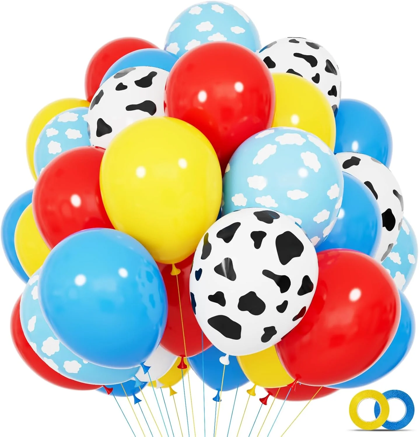 68 Balões de 12 Polegadas em Vermelho, Azul e Amarelo com Estampa de Vaca e Balões em Azul Céu para Decoração de Festa Infantil Inspirada em Contos