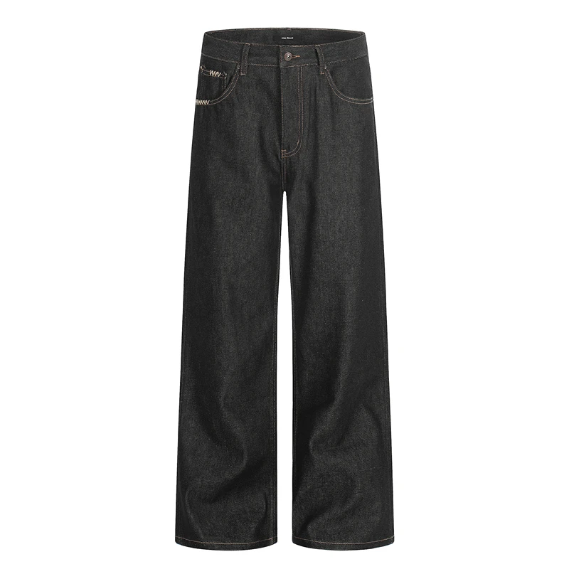 

Hand-Sewn Original Blue Denim Jeans A-Line Straight Leg Colorfastness Unisex American Style Decorative Stitch Straight Leg Pants