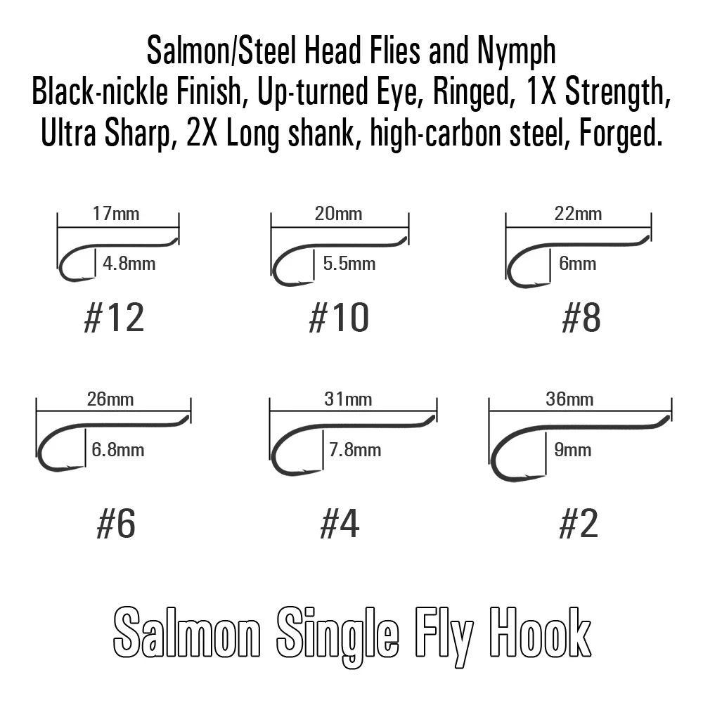 WIFREO 30pcs High Carbon Steel Fly Tying Hook Up-turned Eye 2X Long Shank Black Nickle Salmon/Steel Head Flies and Nymph Hook