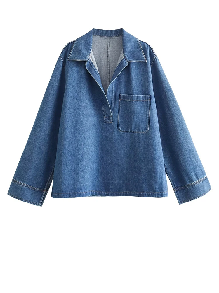 [EAM] Big Size Blue Denim Shirt Wide Leg Pants Two Piece Suit New Lapel Long Sleeve Women Fashion Spring Autumn 2024 1DH6390