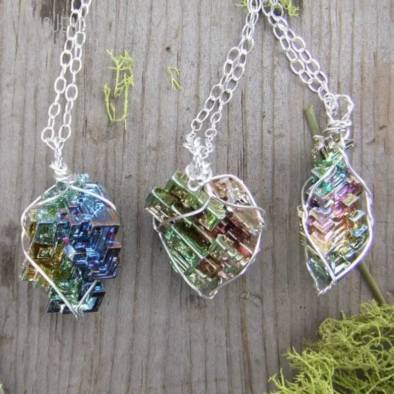 10pcs Wire Wrapped Rainbow Bismuth Crystal Pendant Necklace Stainless Steel Chain Grunge Choker Women Collares Wicca Jewelry