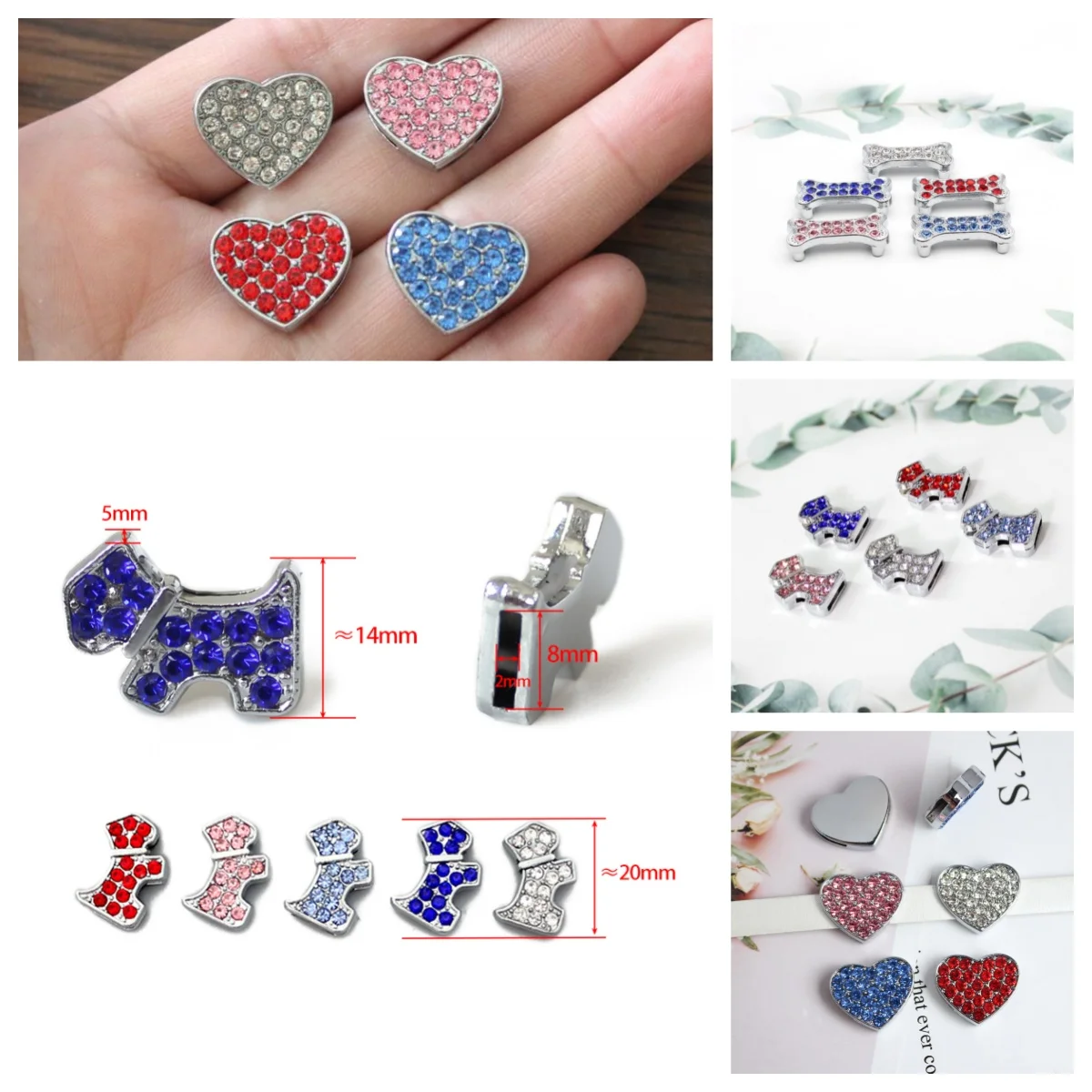 30PCS/lot hole 8MM Heart Slide Charms dog bone diy charm Fit For 8mm Leather Wristband Bracelet Keychains making