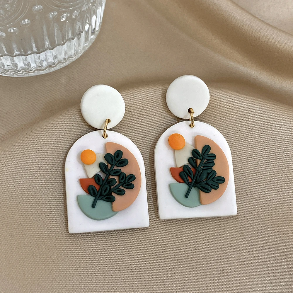 DODOHAO Unique Colored Geometric Leaf Soft Ceramic Drop Earrings for Women White Countryside Style Earrings Fashion Lady Jewelry