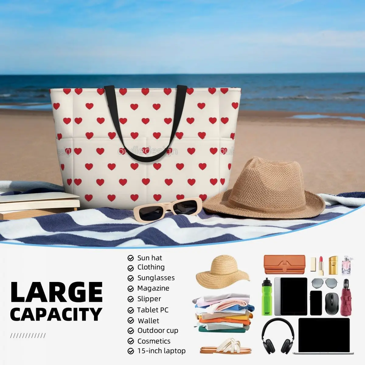 Red Hearts Pattern Beach Travel Bag, Tote Bag Popular Practical Travel Shoulder Bag Multi-Style Pattern