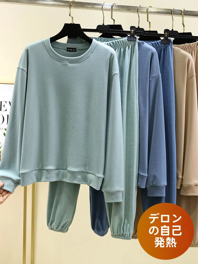 

Thiened Long Sve круглый комплект домашней одежды Ne, женская зимняя одежда, повседневный свободный спортивный комплект из двух предметов, уютный, теплый