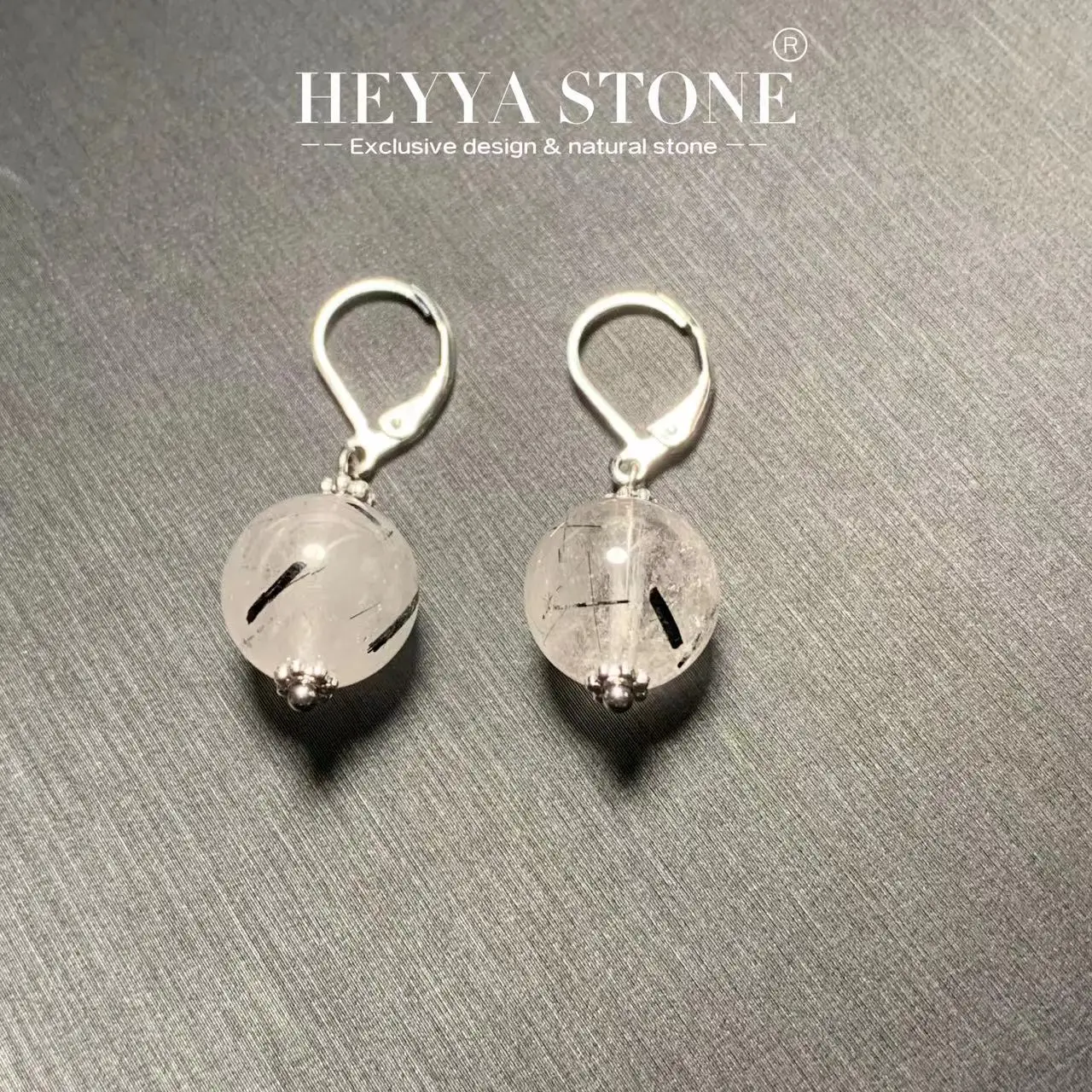 HEYYA STONE 10MM Natural Black Rutilated Quartz Drop Earrings Simple Classic 925 Sterling Silver Gemstone Jewelry