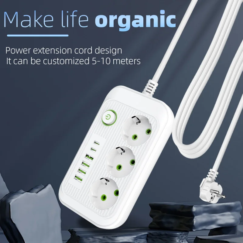 EU Plug Smart Power Strip Multiprise Extension Cord F09 F16U F20U Electrical Socket AC Outlet USB Type C Network Filter Adapter