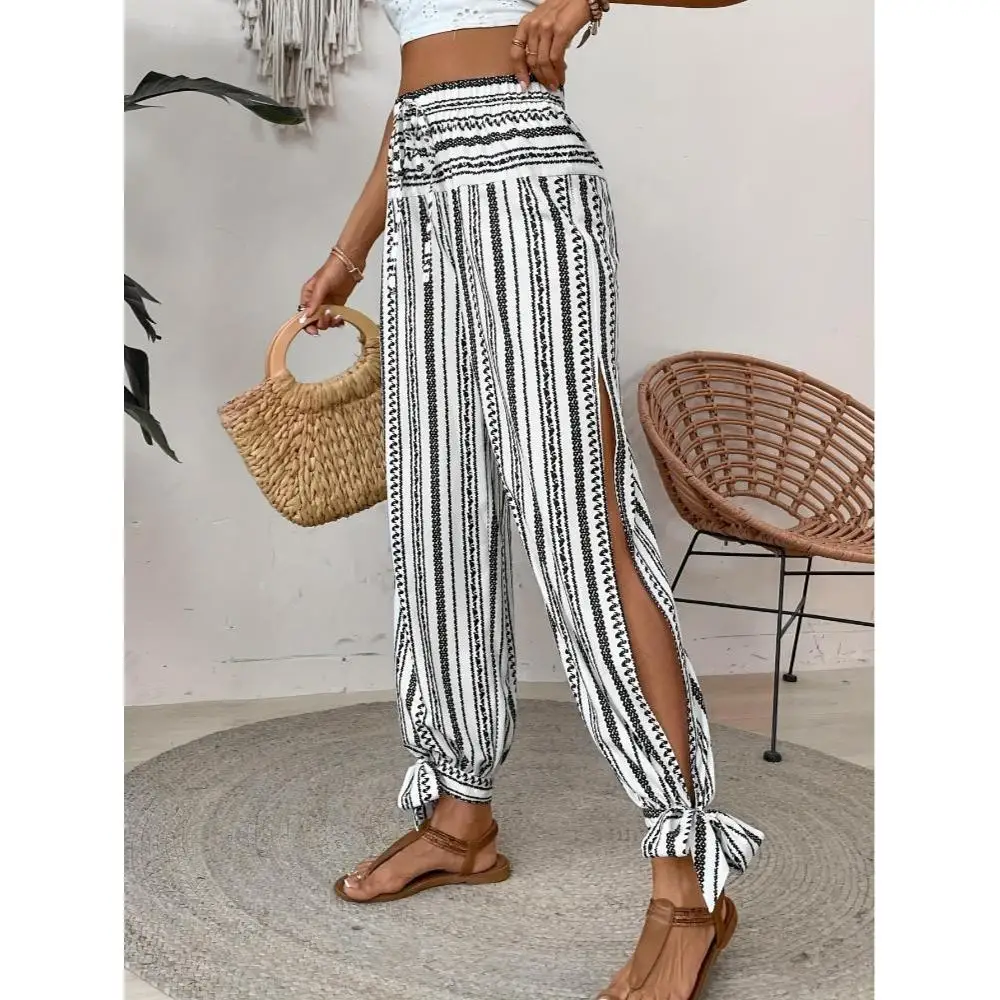 1 pair of summer women's long pants with a tie design, comfortable and soft fabric, fashionable and casual bohemian style