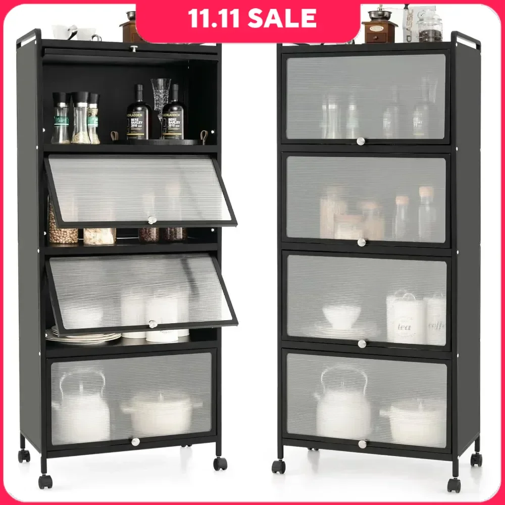 Kitchen 5-Tier Kitchen Storage Cabinet, Mobile Flip-up PC Doors and 4 Rolling Casters, Dust-proof Storage Kitchen Cabinets