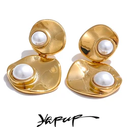 Yhpup Elegant Imitation Pearls Round Geometric Drop Dangle Earrings Stylish Stainless Steel Korean Daily Jewelry Gift