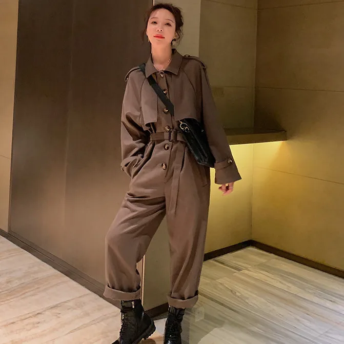 Spring Autumn New Long-sleeved High-waist Slim One-piece Women\'s Hong Kong Style Tooling One-piece Trousers Jumsuit Women
