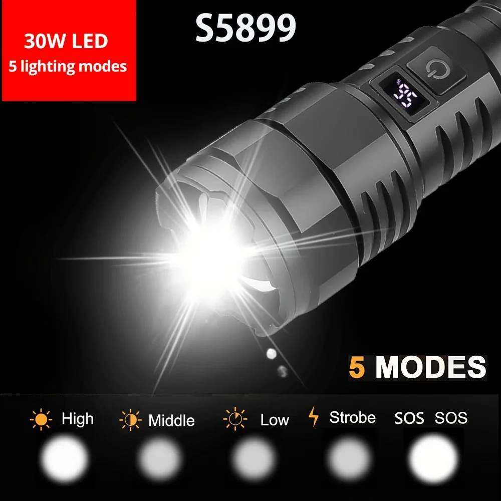 High Power LED Flashlight with Display, USB Rechargeable, 5 Lighting Modes, Torch for Camping, Fishing, Hiking, 30W