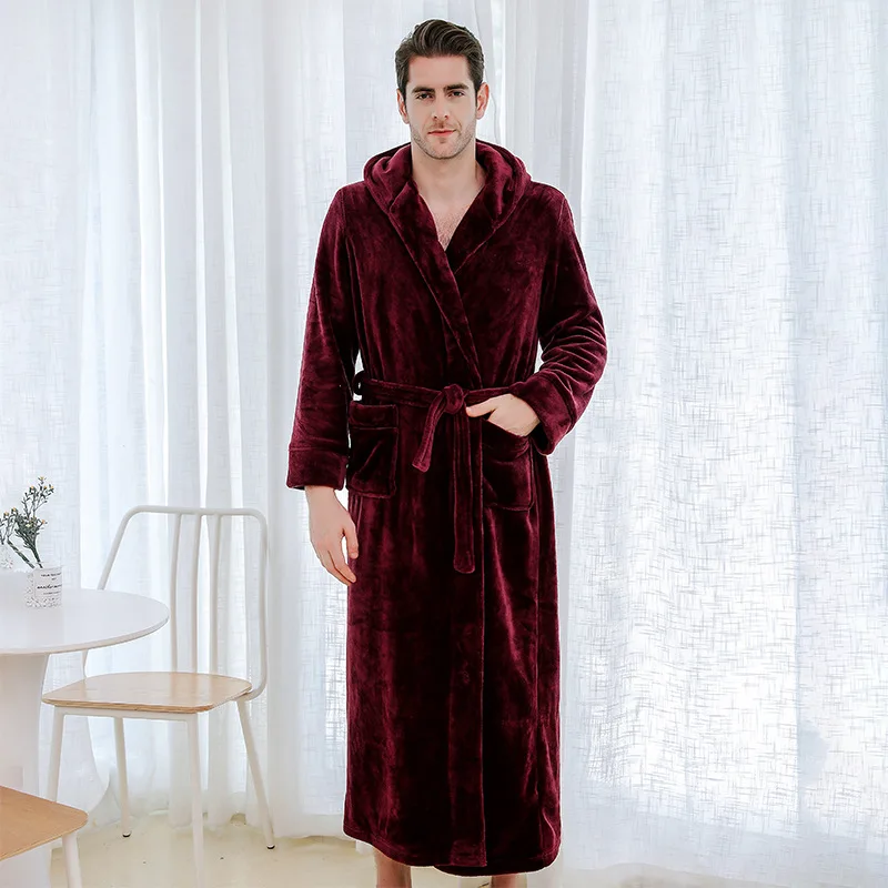 Men Sleepwear Thicken Flannel Bathrobe Gown Loose Robe Winter Warm Kimono Bath Gown Long Peignoirs Shower Robes Home Clothes