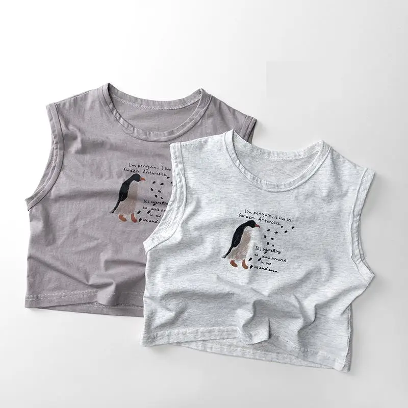 

2025 Summer New Children Sleeveless Vest Thin Cotton Boys Cartoon Print Casual Tee Baby Girls Versatile Tops Kids Clothes
