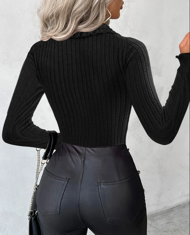 Hot selling women's top WaterDiamond decorative lapel pleated edge threaded long sleeved single breasted sweater pullover