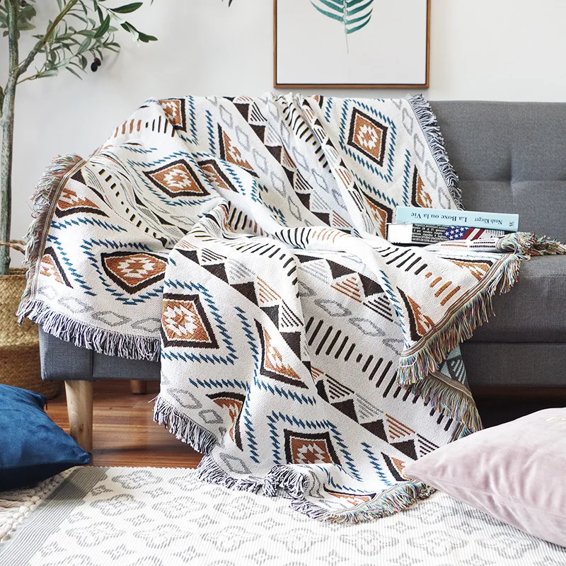 Double Side Bohemian Plaid Blanket for Sofa Bed Decorative Blanket Picnic Blanket Boho Sofa Cover Throw Blanket with Tassel