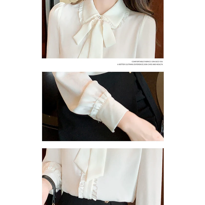 Spring Summer Elegant Fashion White Bow Shirt Women\'s Temperament Button Up Top Ladies Long Sleeve Chiffon Blouse Femme Cardigan