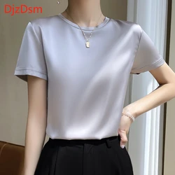 DjzDsm satin silk short sleeve T-shirt women's summer thin relaxed breathable temperament solid color crewneck top