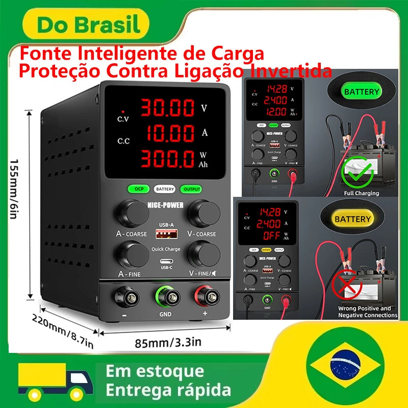 Fonte de Alimentação Bancada Inteligente, Proteção Contra Reversão de Polaridade, para Carga de Baterias Fonte de Alimentação DC Bancada Ajustável, Carregador para Baterias de Chumbo-Ácido 12V/24V/48V Envio do Brasil