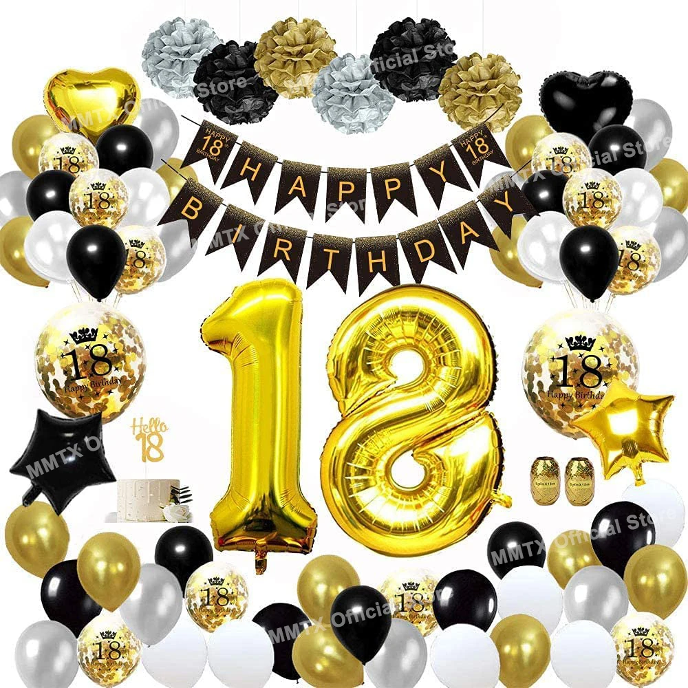 

MMTX 18th Birthday Balloon Decor Birthday Party Decorations for Men Women Black Gold Balloon Garland Arch Set with Pompom Flower