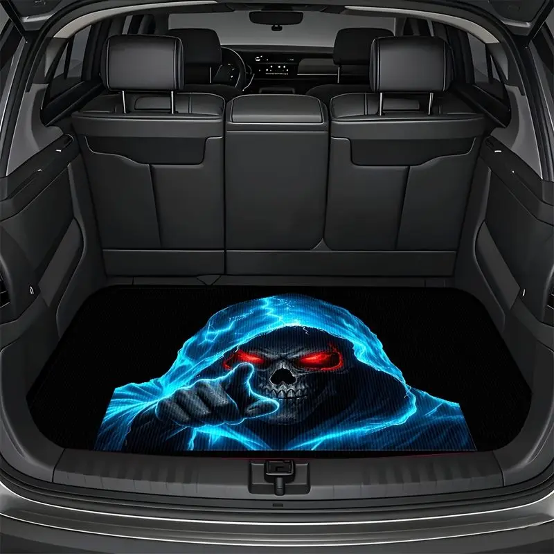 VIKAMA Blue Lightning Grim Reaper Skull Print Car Trunk Mat Anti‑Slip Waterproof Rear Cargo Liner Vehicle Interior Decor