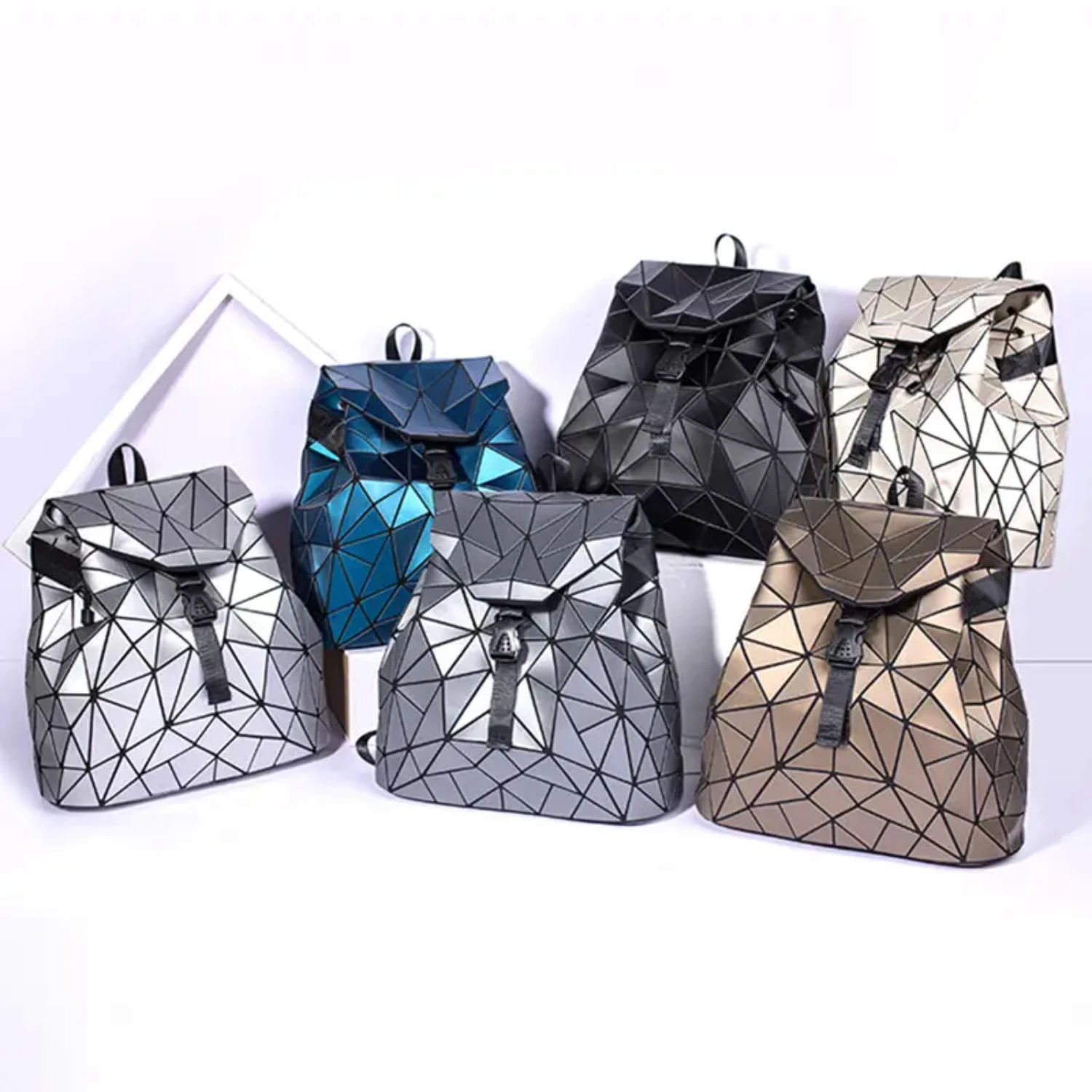 

Fashionable Geometric Laser Drawstring Shoulder Backpack Bag with Stylish Color Changing Design and Convenient Release Buckle