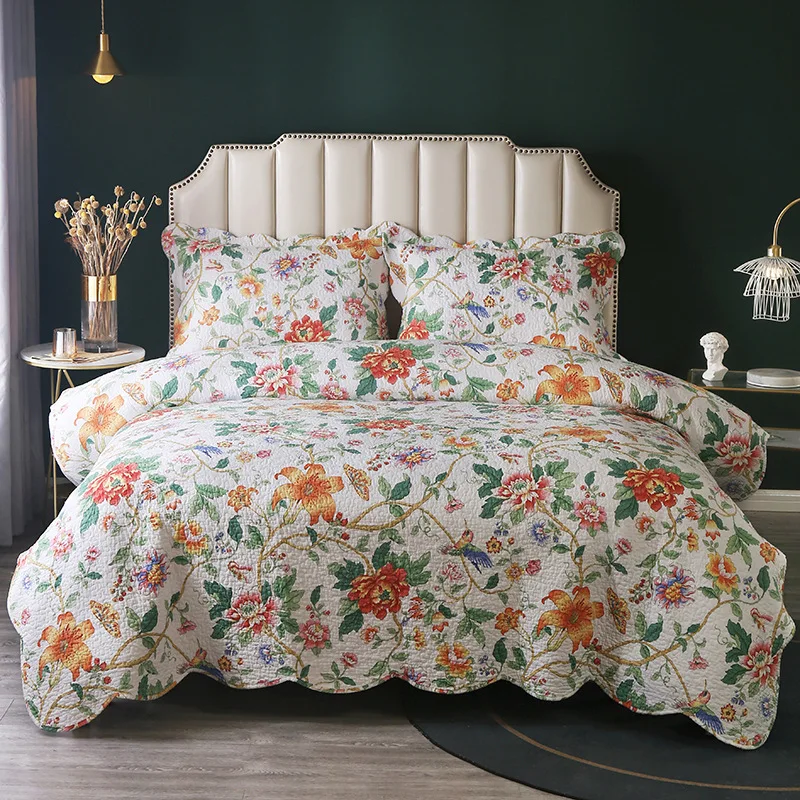 Flowers Printed Quilt Set Queen Size 3pcs 100% Cotton Quilted Bedspread on the Bed All Season Reversible Home Decor Blanket