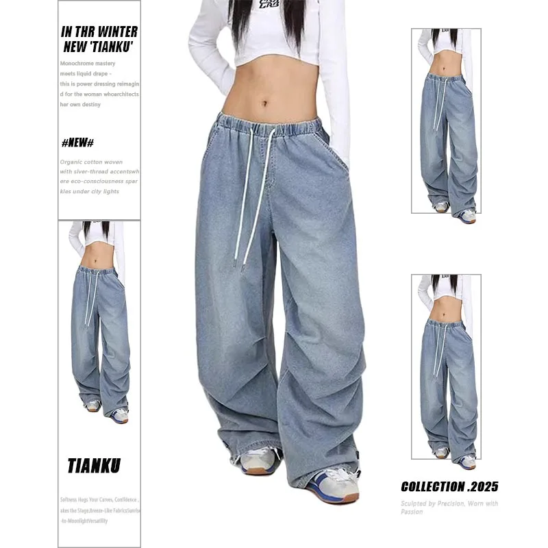 

Women's Blue Casual Cargo Baggy Pants Y2K American Washed Harajuku Aesthetics Oversize 90s Loose Wide Leg Retro Pants Clothing