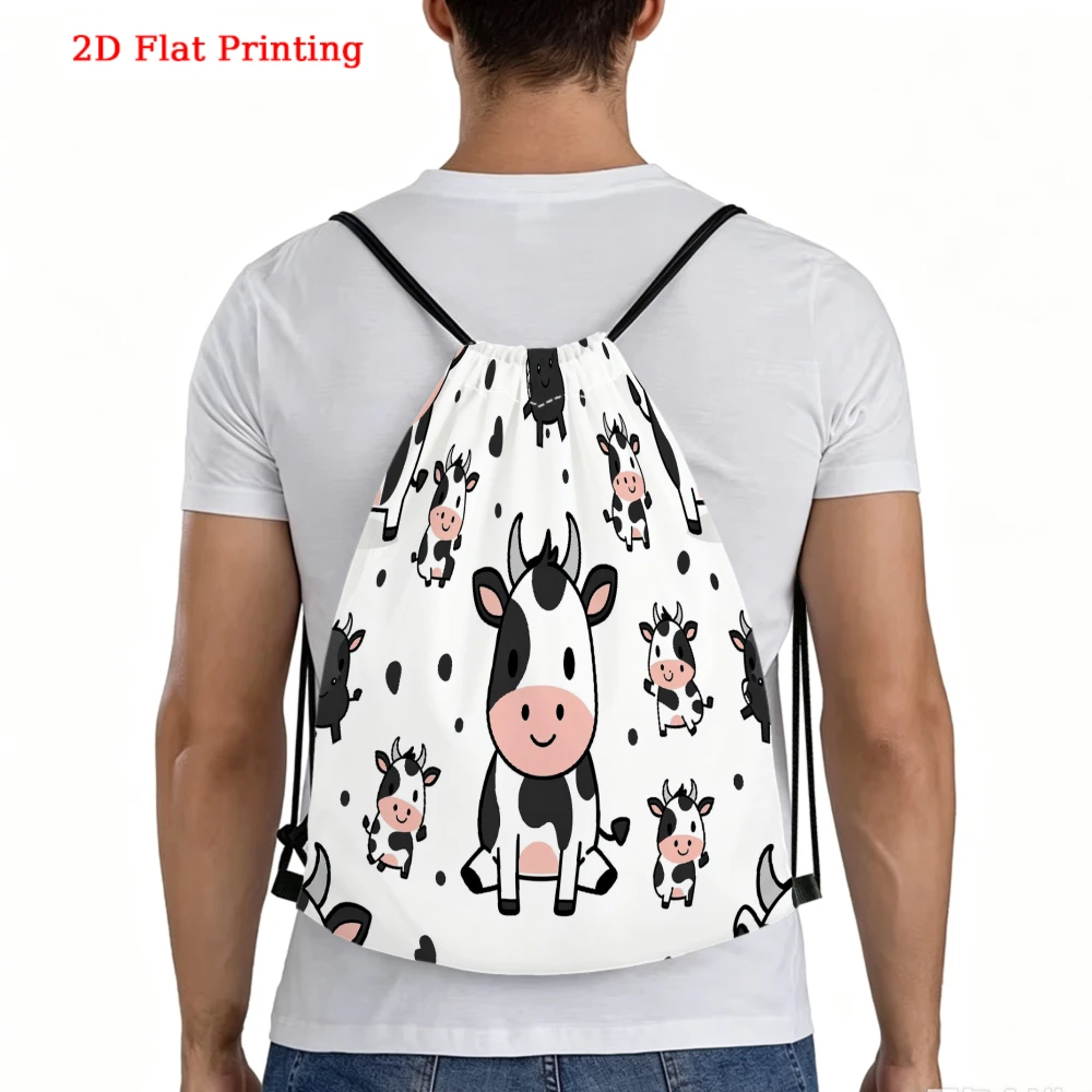 Cute Cartoon Style, Drawstring Backpack, 2D Flat Printing Cow Pattern, Fitness Sports Bag, Outdoor Travel Drawstring Pack