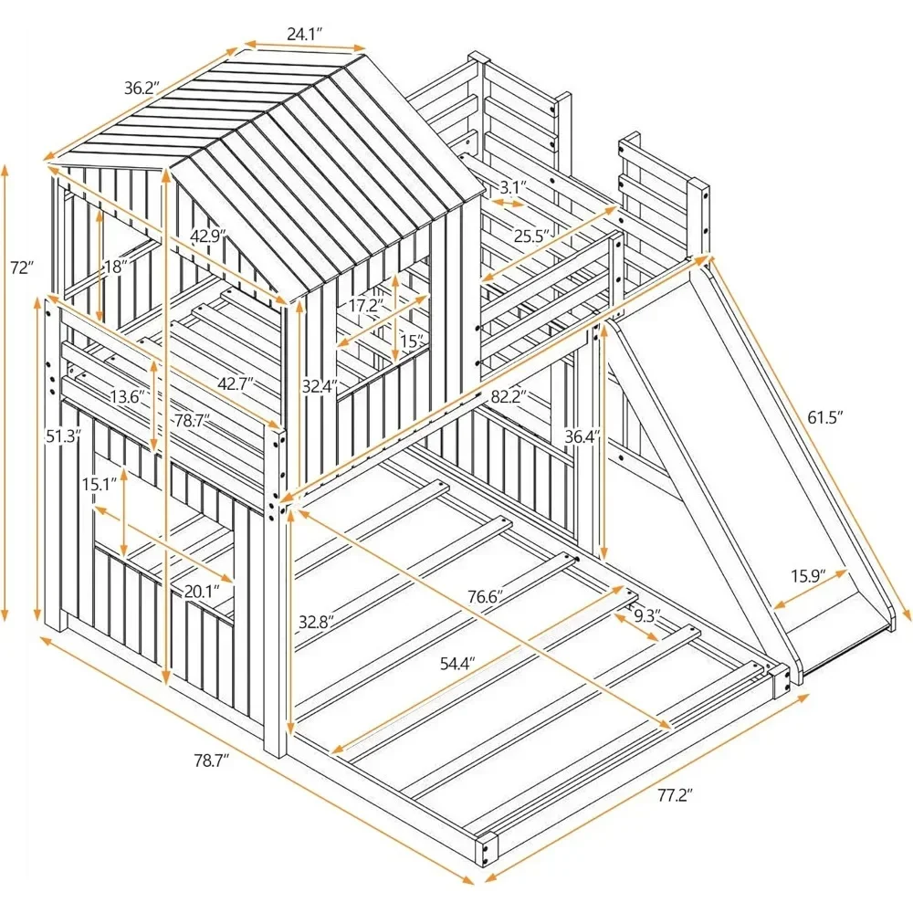 House Floor Bunk Beds with Slide Wooden Twin Over Full Bunk Beds with Slide82.2