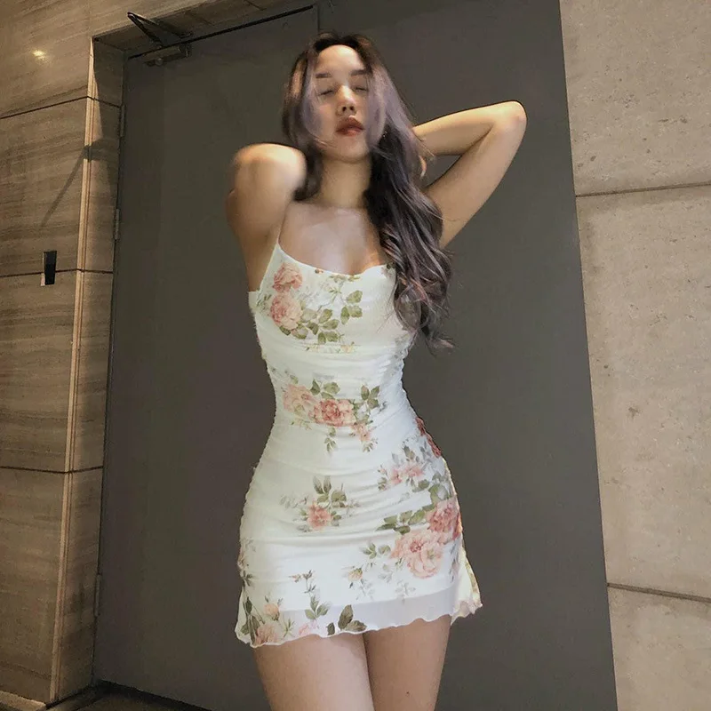 2000s Women Floral Mini Dress y2k Aesthetic Sleeveless Ruffles Hem Kawaii Sundress Sexy Sweet Girl Fairycore Dresses