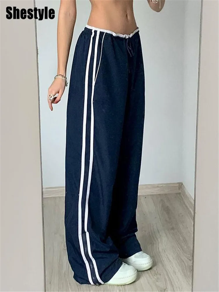 Shestyle Side Striped Straight Pants for Women Streetwear Loose Casual Drawstring Waist Autumn Preppy Style Trousers Jazz Dance