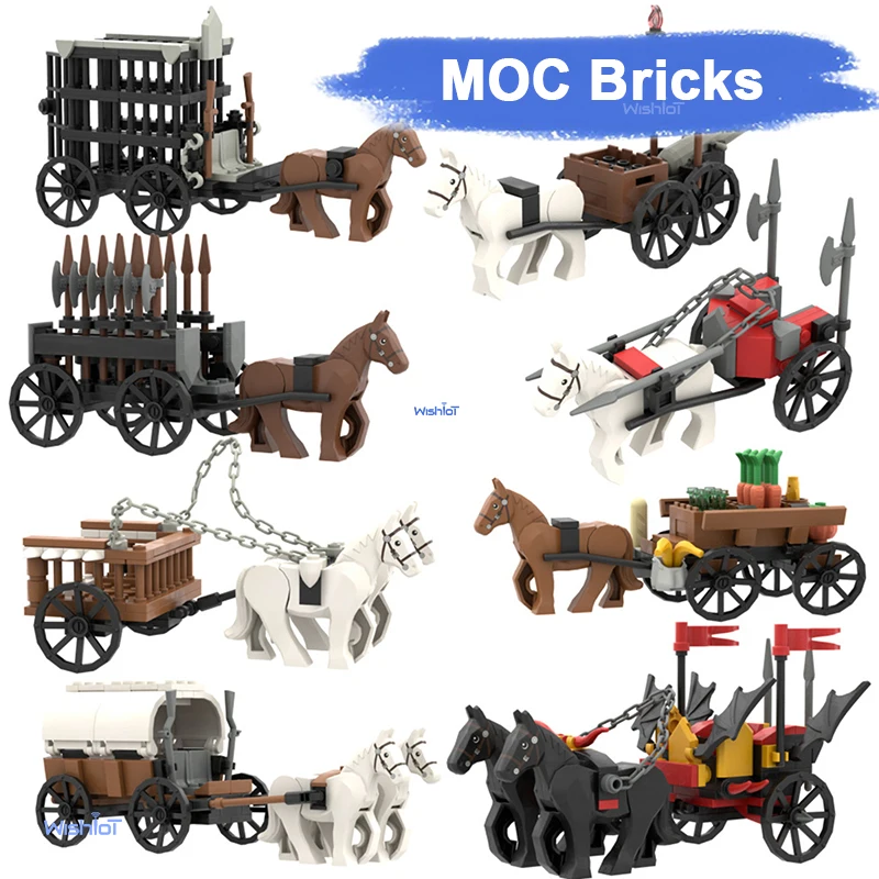 Modèle de scène en petites particules à assembler, type chariot médiéval, voiture de prison, accessoires militaires, blocs de construction MOC