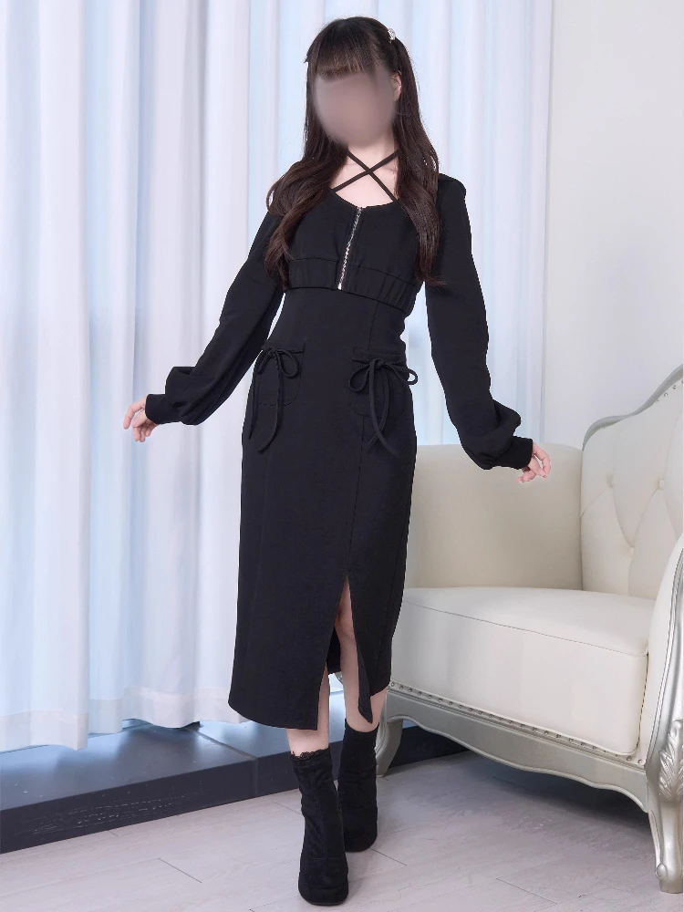 النمط الياباني الإنتاج الضخم فستان بكتافة مجموعات سستة طويلة الأكمام مقنعين البلوز القصير سبليت Bodycon فستان قطعتين مجموعة النساء #2