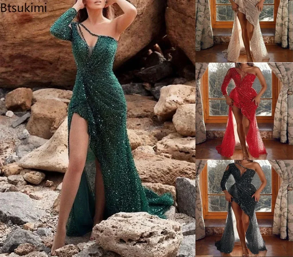 2026 Women\'s Sexy High Side Split One Shoulder Party Prom Gown Luxury Sequined Shiny Evening Dresses Elegant Floor Length Dress