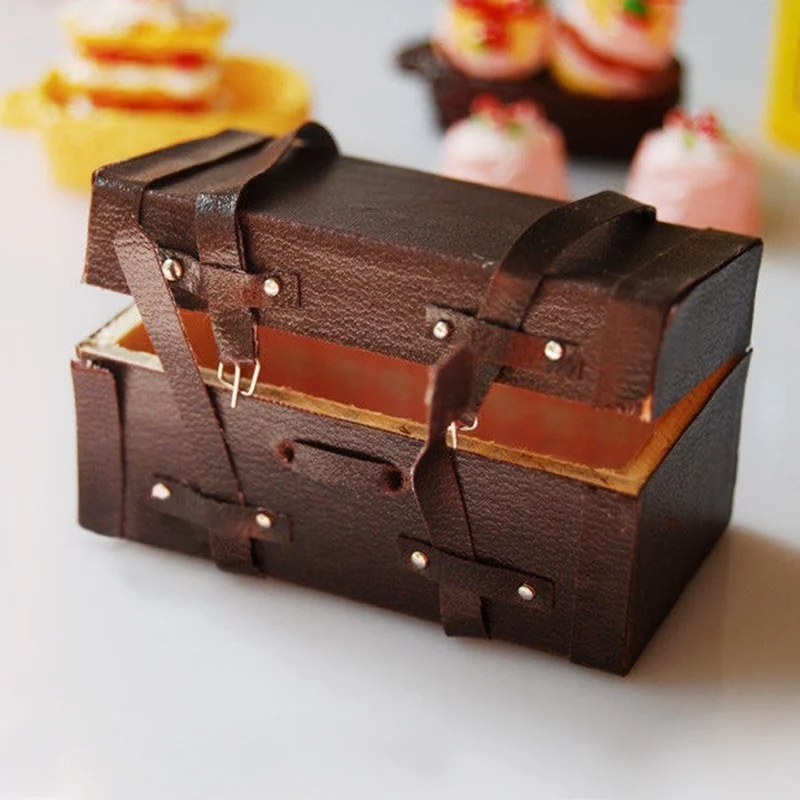1/12 Dollhouse Miniature Vintage skórzana drewniana walizka Mini bagażnik — zdjęcie 3