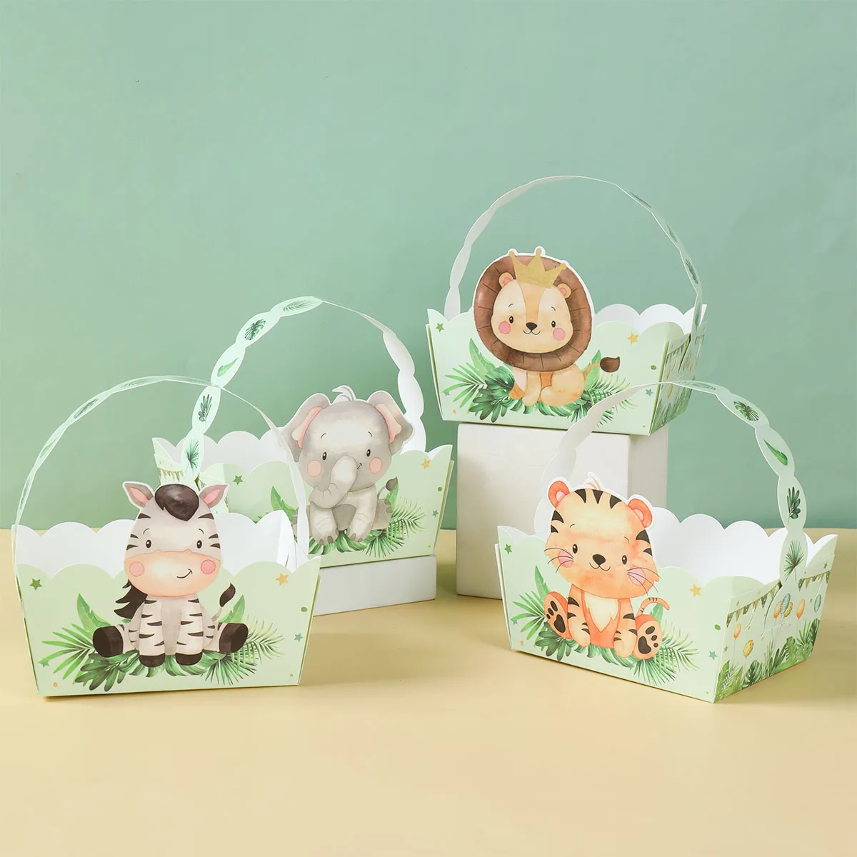 Jungle Animals Hand Basket 1st Birthday Jungle Safari Party Decorations Kids Candy Cookie Box Boy Forest Baby Shower Supplies