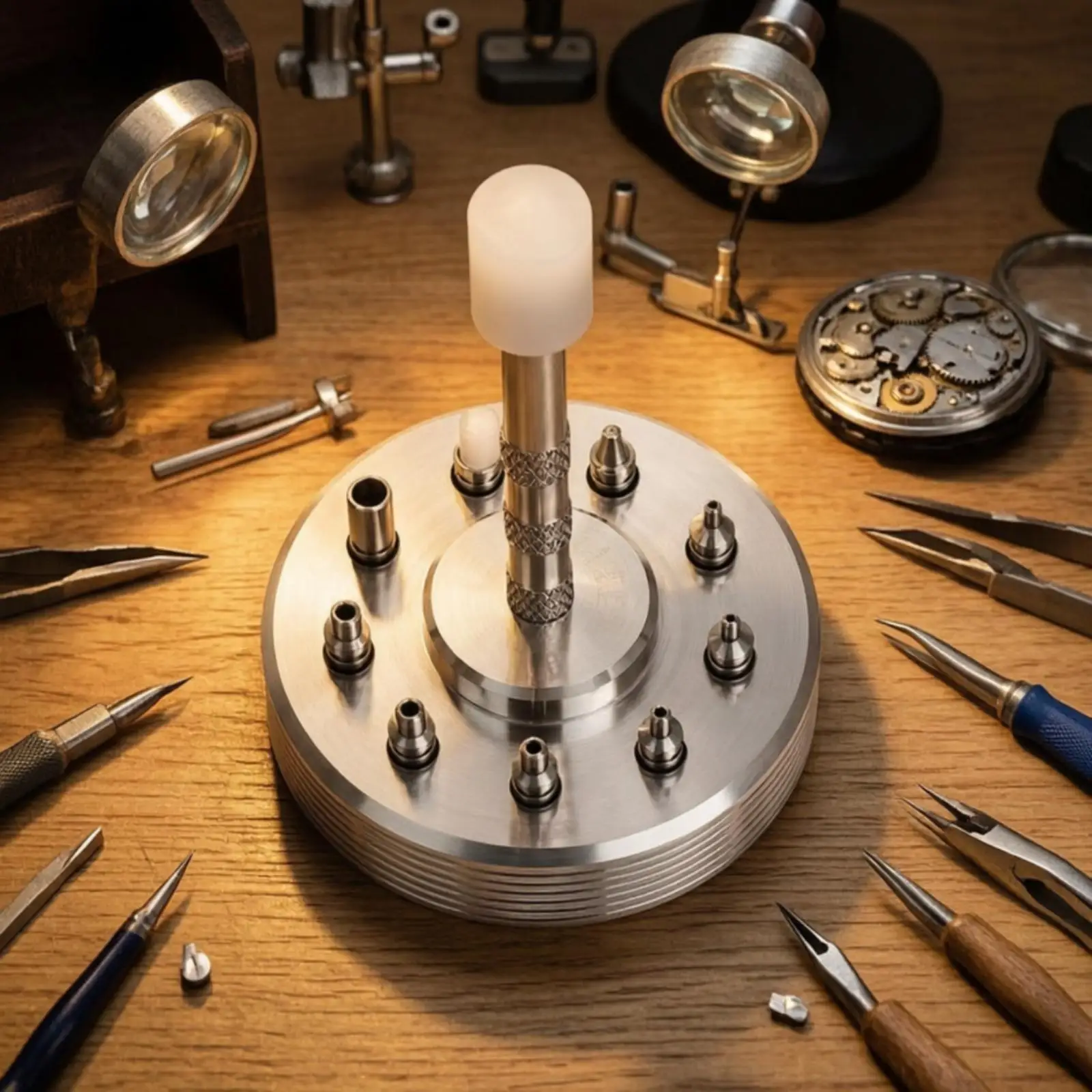 Manual Timepiece Hand Installer Press Tool with Round Metal Base and Storage Cover for Wrist Watch Repair Tasks