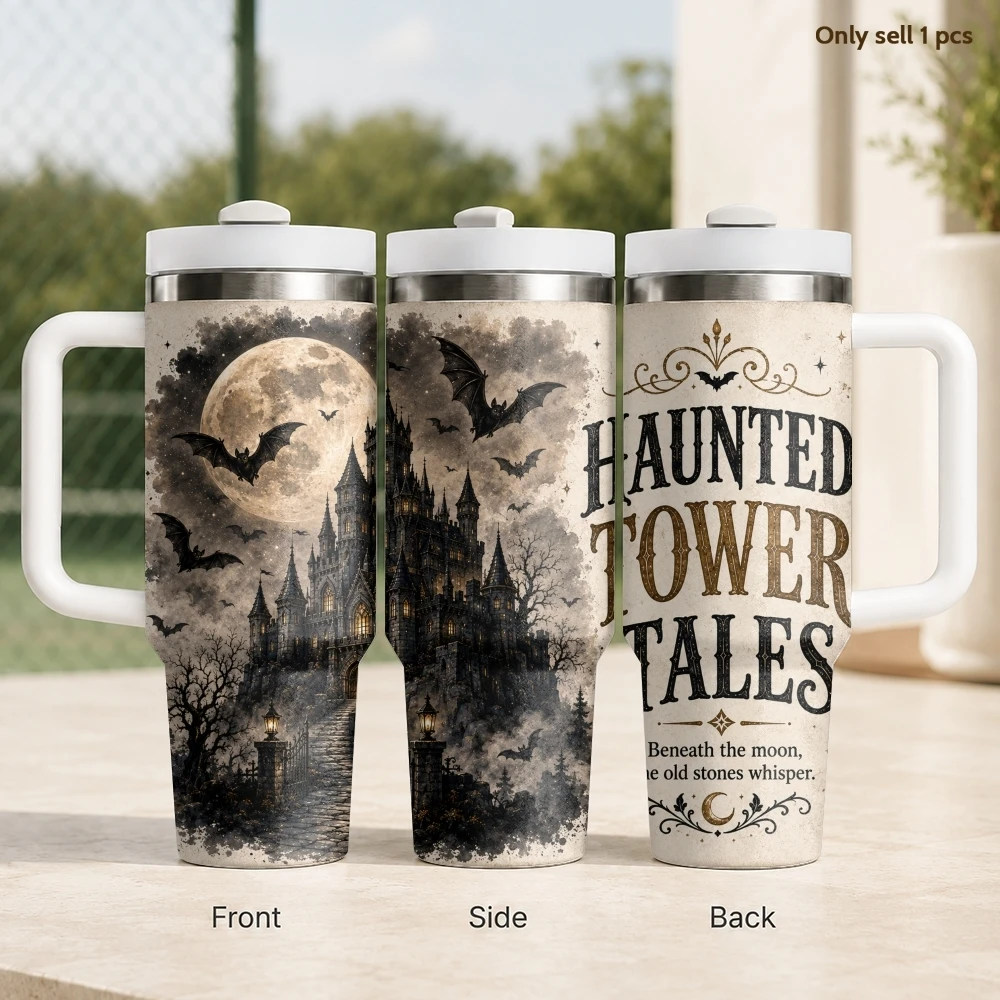 Haunted Tower Halloween Tales Vacuum Flasks 40oz Stainless Steel Insulated Tumbler With Handle & Straw Leakproof Travel Mug