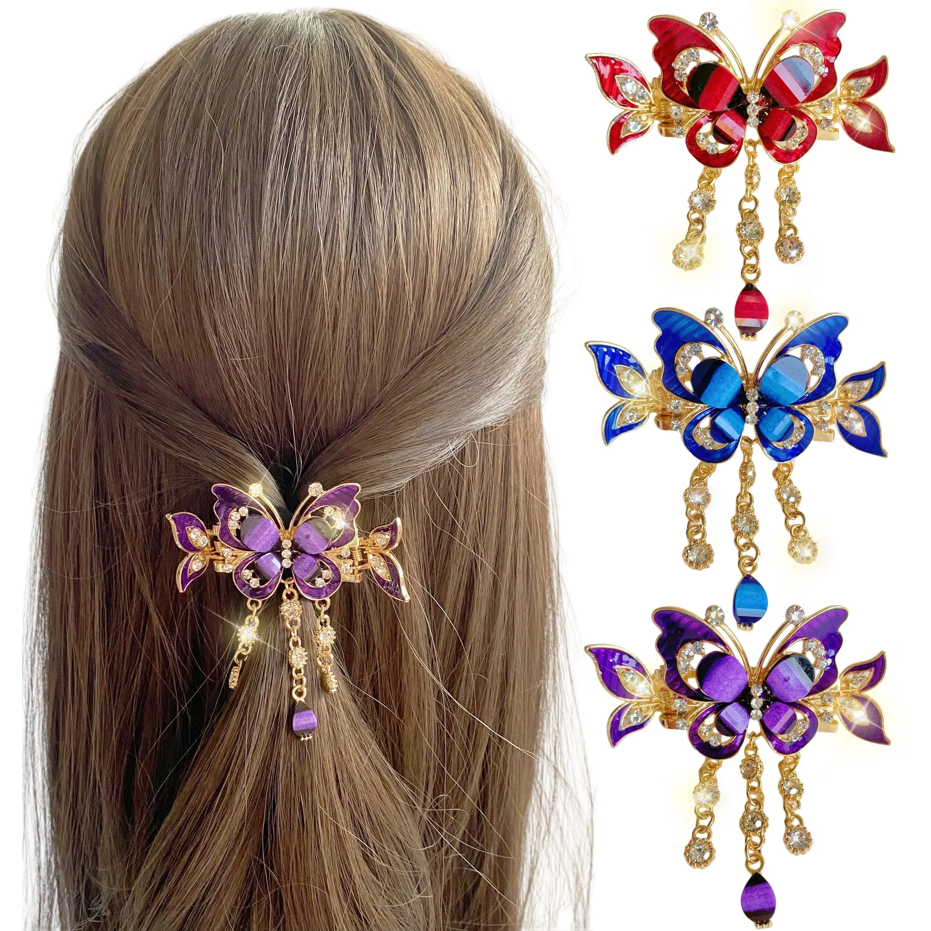 1PC Women Hair Claws Clips Bling Butterfly Tassel Rhinestone Decor Hair Claw Clip Vintage Boho Ponytail Holder Hair Accessories