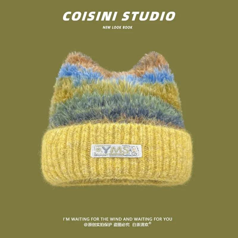 Cute Cat Ear Fuzzy Knit Beanies for Women Gradient Stripe Ribbed Cuffed Winter Warm Soft Fluffy Kawaii Aesthetic Street Skullcap