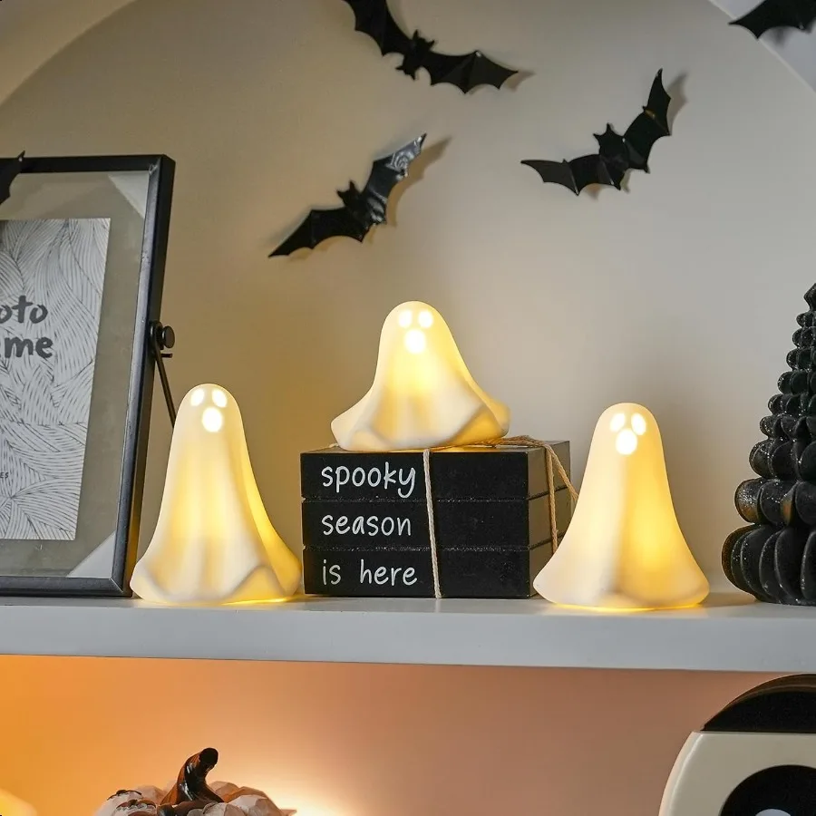 السيراميك شبح ديكور 3 قطعة تضيء أشباح للداخلية زينة الهالوين بطارية تعمل بالطاقة الأبيض تماثيل شبح صغيرة مع LED f