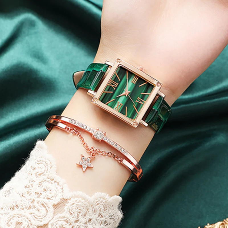 

New Luxury Square Watch For Women Leather Quartz Fashion Ladies Watches Bracelet Set 2pcs Simple Green Clock reloj mujer montre